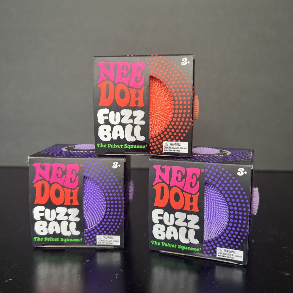 Lot of 3 Nee Doh Needoh Fuzz Ball Velvety Squeeze Ball - Orange, Purple, Purple